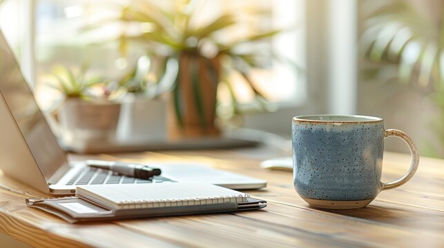 A bright workspace featuring a laptop a notebook a pen and a blue mug on a wooden desk near a window