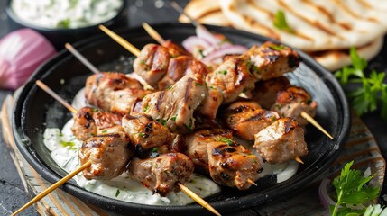 Greek souvlaki skewers pita bread tzatziki sauce and onions