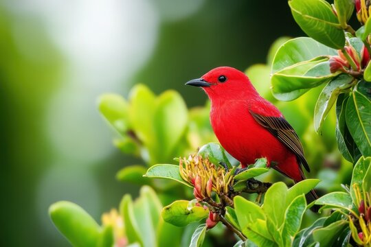 Scarlet Iiwi: Endangered Hawaiian Honeycreeper Perched Among Lush Foliage