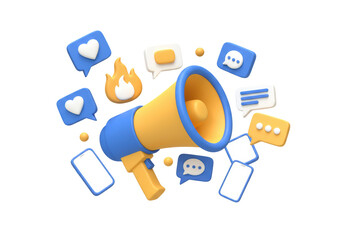 Isolated 3D Viral Social Media Marketing Concept with Megaphone and Engagement Icons