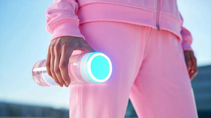 Smart water bottle, glowing hydration tracker, fitness accessory in hand, health tech innovation, active lifestyle gear, modern hydration, wearable wellness, sporty outfit detail - Powered by Adobe