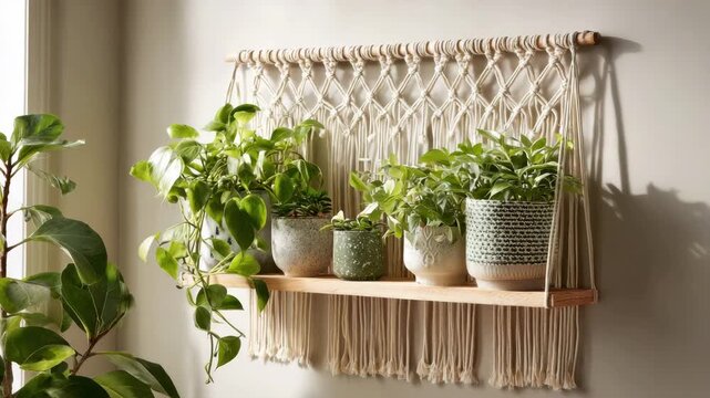 Macrame wall shelf, potted houseplants, boho interior design, natural sunlight, indoor greenery, cozy home styling, handmade decor, botanical display, home atmosphere
