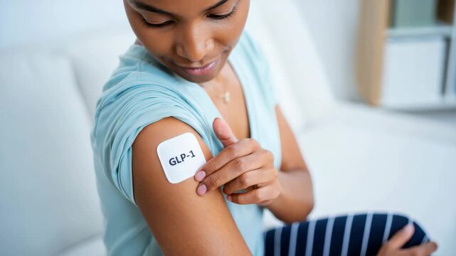 GLP-1 patch on arm, diabetes treatment technology, woman applying medical device, health monitoring innovation, wearable healthcare, modern medicine, glucose control, patient care