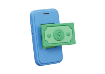 Isolated 3D Concept of Mobile Banking with Dollar Bill Emerging from Smartphone Screen