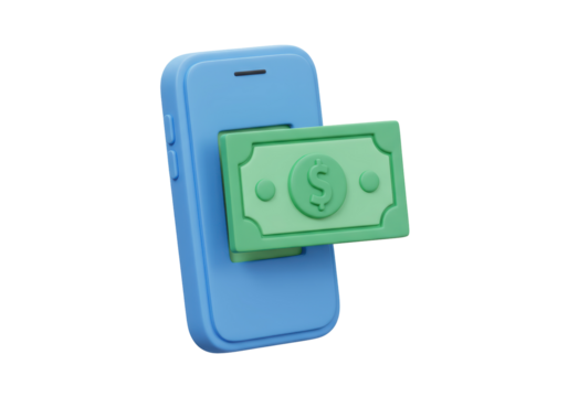 Isolated 3D Concept of Mobile Banking with Dollar Bill Emerging from Smartphone Screen