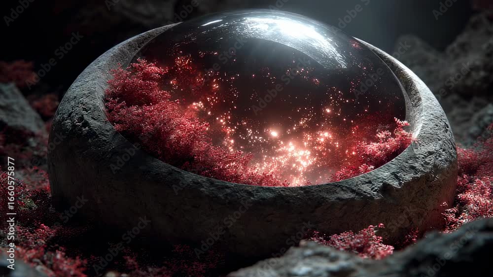 Poster cosmic sphere with glowing red nebula inside. mysterious space object in dark environment. celestial