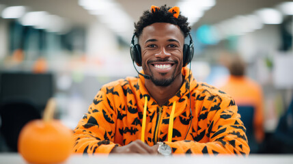 A smiling man in a pumpkin-themed hoodie wears headphones, surrounded by a festive office atmosphere, with a small pumpkin in front of him.