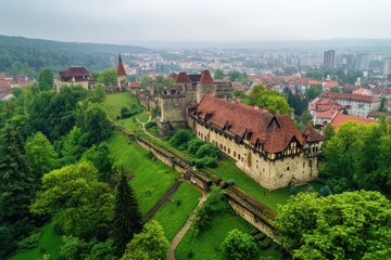 Naklejka premium Elevated Perspective of Hunyad Castle: Aerial Capture of a Historic Fortress in Romania's Spring Rain