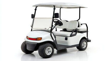 Electric Golf Cart On White Background Detailed Studio Shot Of A Modern Two Seater Golf Cart With Canopy And Windshield Perfect For Leisure