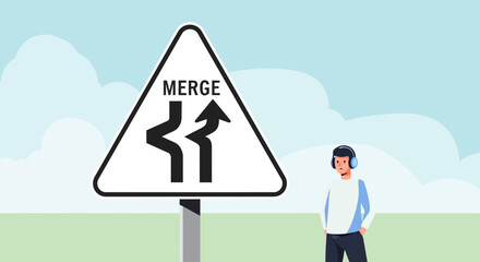 Obraz premium Cartoon illustration depicting a merge road sign alongside a person with headphones stands outdoors