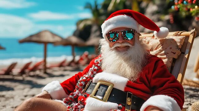Smiling Santa Claus with sunglasses sitting on a tropical beach, talking and enjoying his vacation. Ideal video for Christmas marketing campaigns, travel promotions and seasonal advertising.