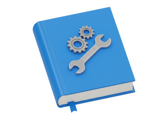 Isolated Blue Book with Wrench and Gears, Repair Manual Concept