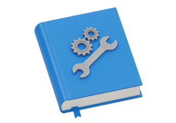 Isolated Blue Book with Wrench and Gears, Repair Manual Concept