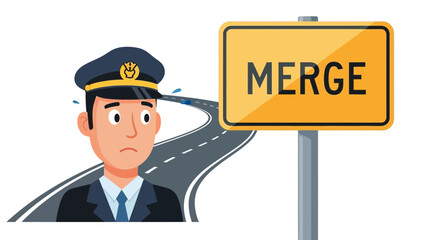 Cartoon Policeman Confronted With A Road Merge Sign Shows Uncertainty
