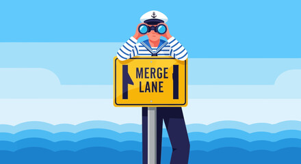Cartoon Sailor with Binoculars and Merge Lane Sign on the High Seas Adventure