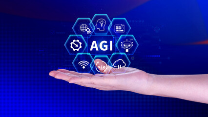 AGI concept, Artificial general intelligence, AI knowledge learning technology, AGI is the future of modern world, combination of humans and AI