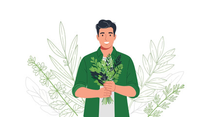 Cheerful Gardener Holding Lush Herbs and Plants, Smiling at the Viewer in Vector Illustration