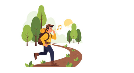 Cheerful Hiker Whistling Happily During Sunny Excursion Through Verdant Forest