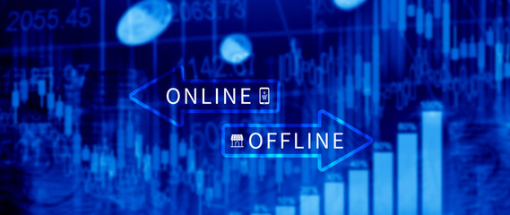 Online vs offline business sales or marketing strategy concept, Transition from offline to online...