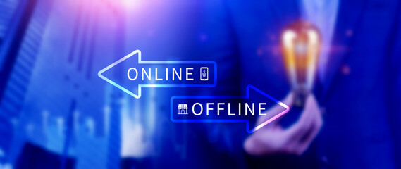 Online vs offline business sales or marketing strategy concept, Transition from offline to online in commerce business.