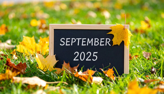 Chalkboard with text SEPTEMBER 2025 on grass in park, fallen autumn leaves. Fall season.