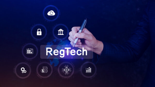 Regtech, Regulatory technology concept, management of regulatory processes with financial industry through technology, Regulatory monitoring, reporting and compliance, Machine learning tech. - Powered by Adobe
