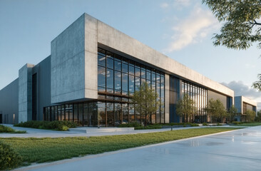 Modern office building with cement facade, large glass windows, situated in industrial park. Features pro rental office space, manicured landscaping, ample parking with cars. Prime location