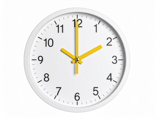 Minimalist White Wall Clock with Yellow Second Hand Isolated on White Background with Clipping Path