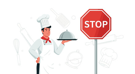 Chef Stop With Tray Of Food Culinary Halt Restriction Symbol Illustration