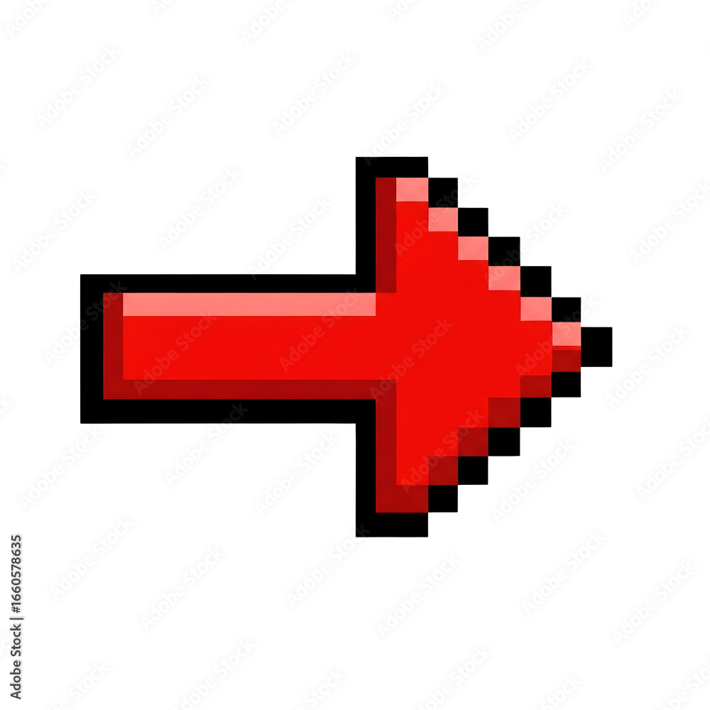 Fototapete a classic red 8-bit pixel arrow pointing right, a retro computer cursor icon, isolated on a transpar