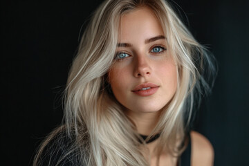 Naklejka premium Studio portrait of beautiful young blonde woman with blue eyes and long hair posing on a dark background 