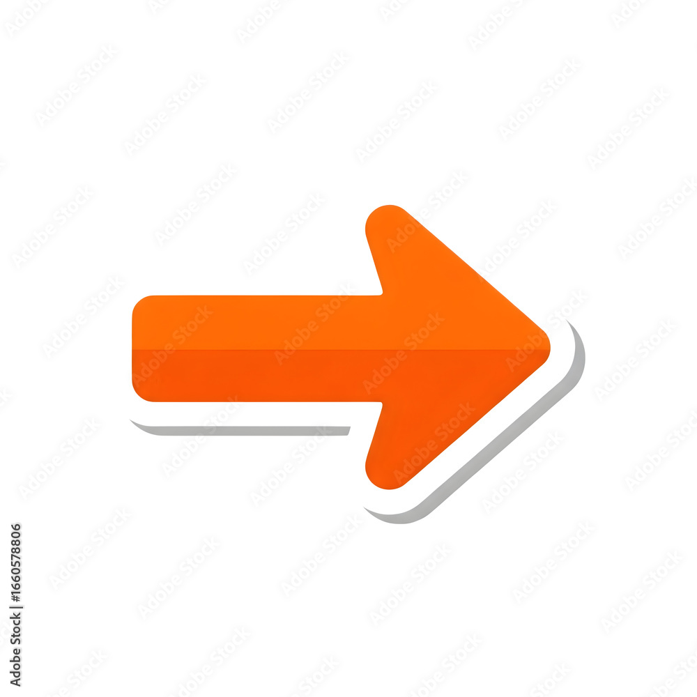 Poster an orange arrow icon with a shadow effect, like a sticker pointing right, isolated on a transparent 