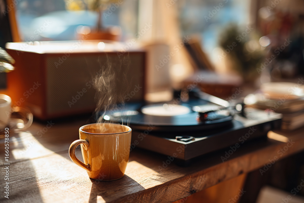 Poster retro record player with a steaming mug in a cozy, sunlit room setting