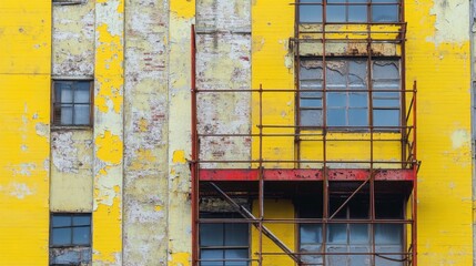 Yellow building facade with peeling paint and red scaffolding against the windows structure