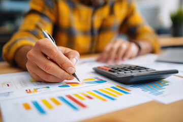 Hands engaged in calculations with a calculator while analyzing financial data and charts