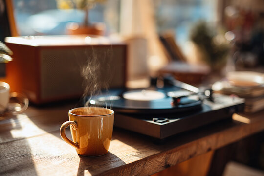 Retro record player with a steaming mug in a cozy, sunlit room setting