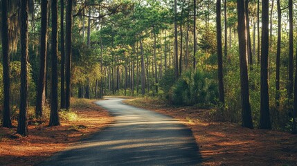 Fototapeta premium Serene Landscape of Florida Wild Forest with Towering Pines and Scenic Pathway