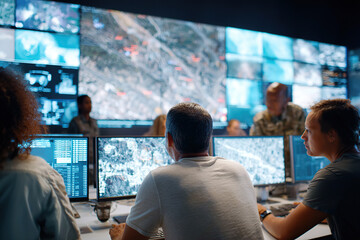 Response center analyzes data on multiple screens during critical operations