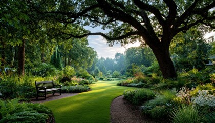 Naklejka premium Lush garden path bathed in morning sun