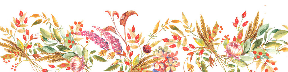Dahlia fall floral watercolor boarder. Autumn summer red, burgund, pink flowers. Digital paper print. Hand draw illustration