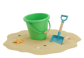 Isolated 3D Beach Scene with Sand, Bucket, Shovel, and Seashells