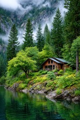 Lakeside cabin nestled in a misty mountain forest