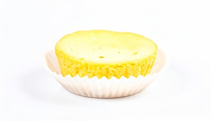 Mini cheesecake on paper liner isolated on white background with full depth of field for dessert or party snack concept