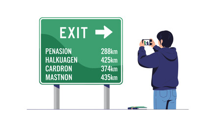 Naklejka premium Curious Traveler Photographs Road Exit Sign with Distances in Kilometers