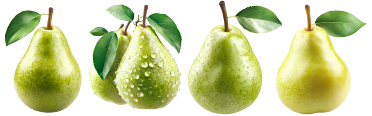Set of fresh ripe pear fruits with green leaves isolated on white background