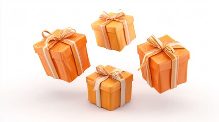 Elegant Set of Four Orange Gift Boxes with Ribbons Flying in the Air