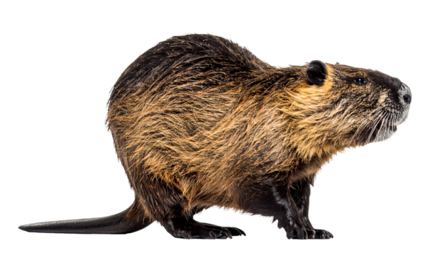 Coypu standing and looking right on transparent background