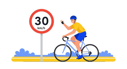Cyclist obeying speed limit on road, showcasing safety and healthy lifestyle, promoting cycling awareness and traffic regulations