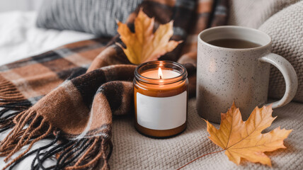 Cozy Autumn Still Life: Scented Candle, Warm Drink, and Plaid Blanket