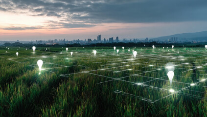 Green Agricultural Land Parcel with Location Markers, Representing Real Estate, Development, and Smart Farming Technology 
